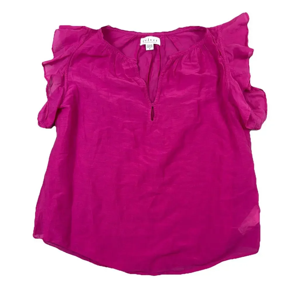 $239 Velvet BY Graham & Spencer Women's M Pink V-neck Ruffle Flutter Sheer Light - Picture 2 of 9